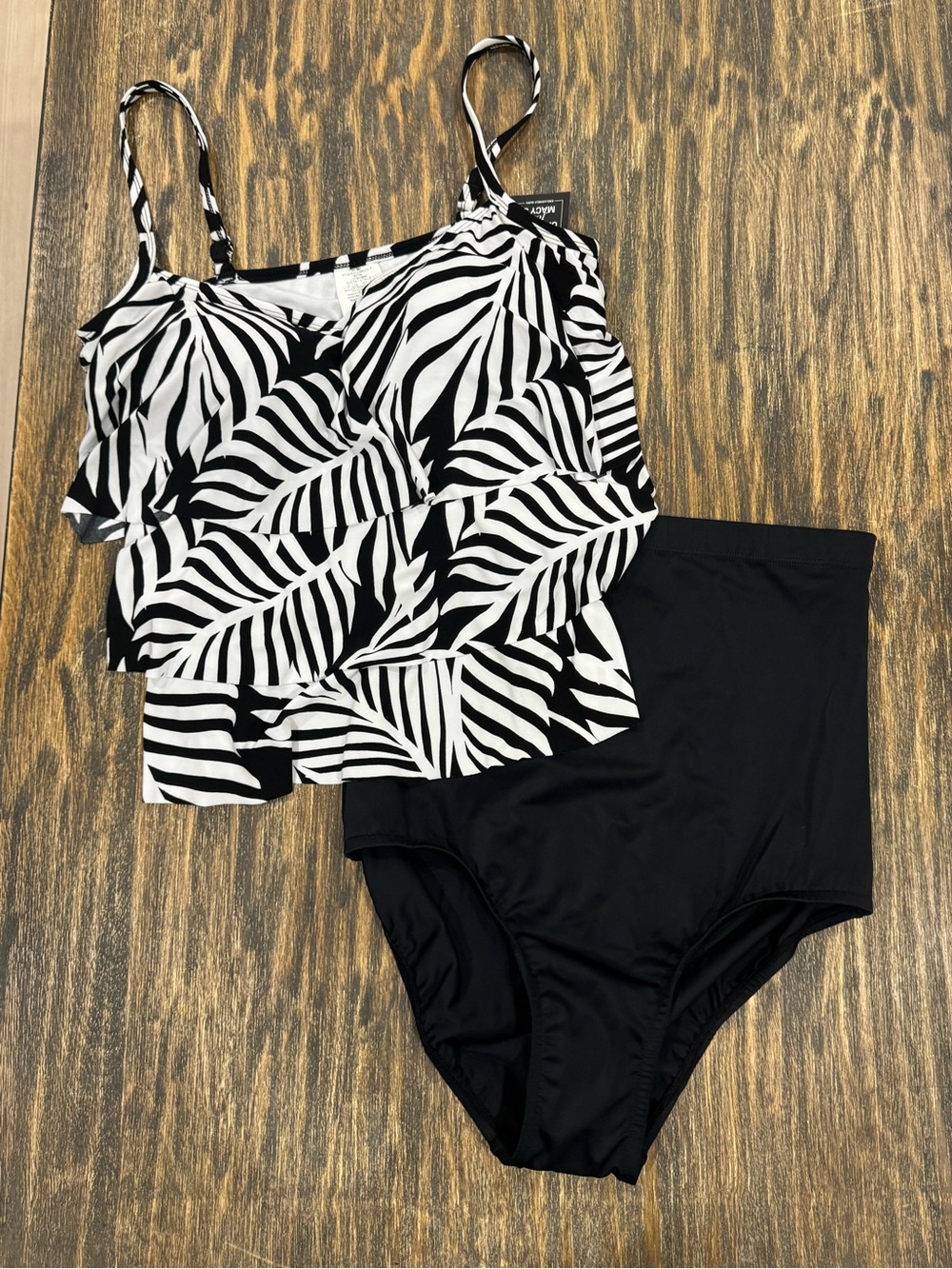 Swim Solutions Tankini Set Size 12 Black White Palm Print High Waist NWT